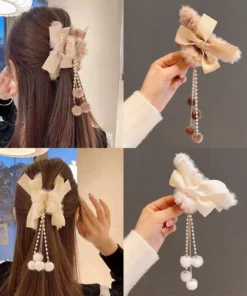 Kẹp tóc phủ lông đính nơ thú bông cho nữ phong cách hàn quốc xinh xắn